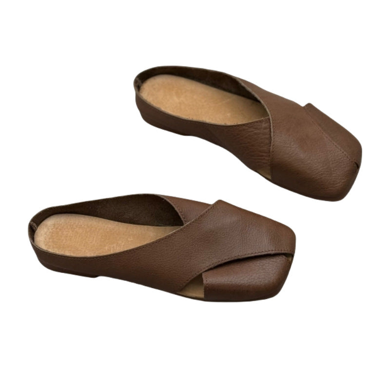 Women's Leather Retro Hollow Out Square Toe Mule Shoes