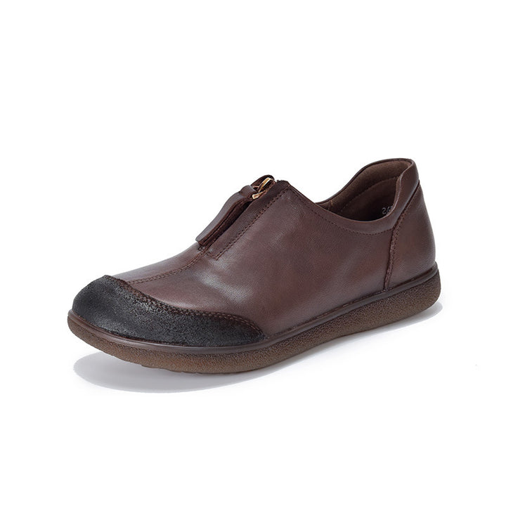 Women's Vintage Leather Slip-On Flats Front Zipper Soft Sole Driving Shoes