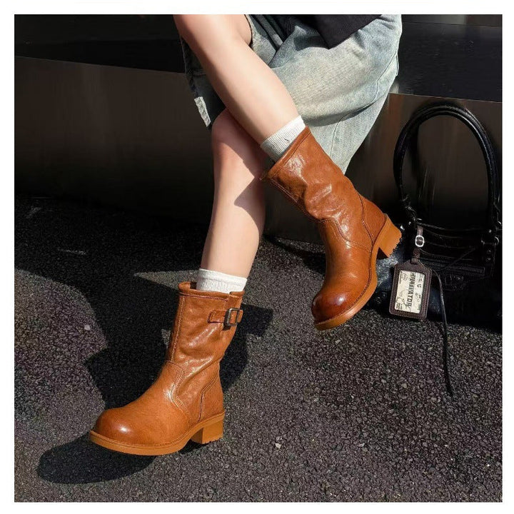 Women's Horsehide Mid Calf Engineer Boots Vintage Buckle Slip On Chunky Heel Booties