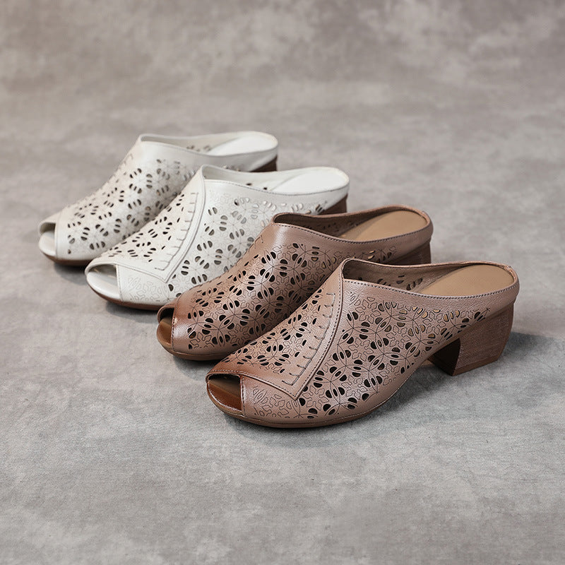 Women's Leather Mules - Hollow Out Floral Perforated Open Peep Toe Sandals Mid Block Chunky Heel Slides