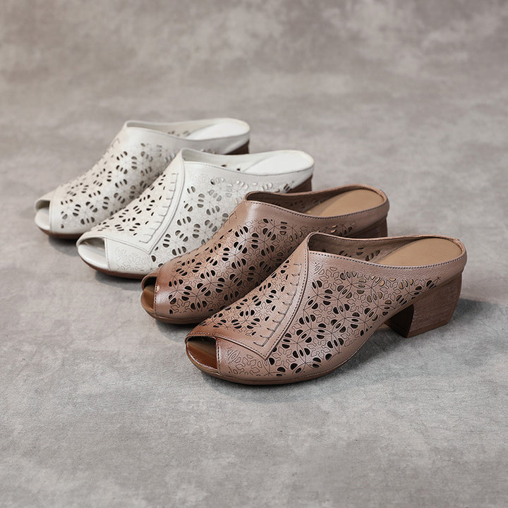 Women's Leather Mules - Hollow Out Floral Perforated Open Peep Toe Sandals Mid Block Chunky Heel Slides