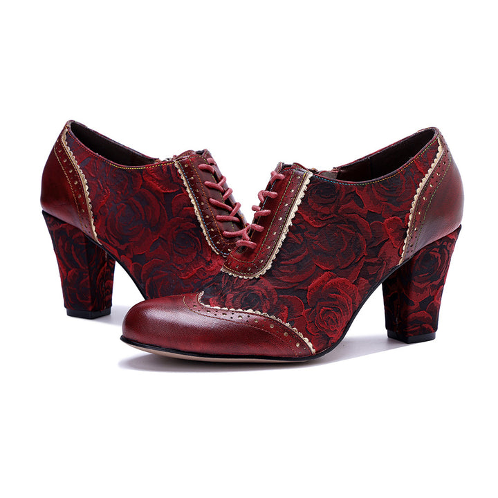 Women's Vintage Floral Sheepskin Oxfords High Heel Lace Up Brogue Booties