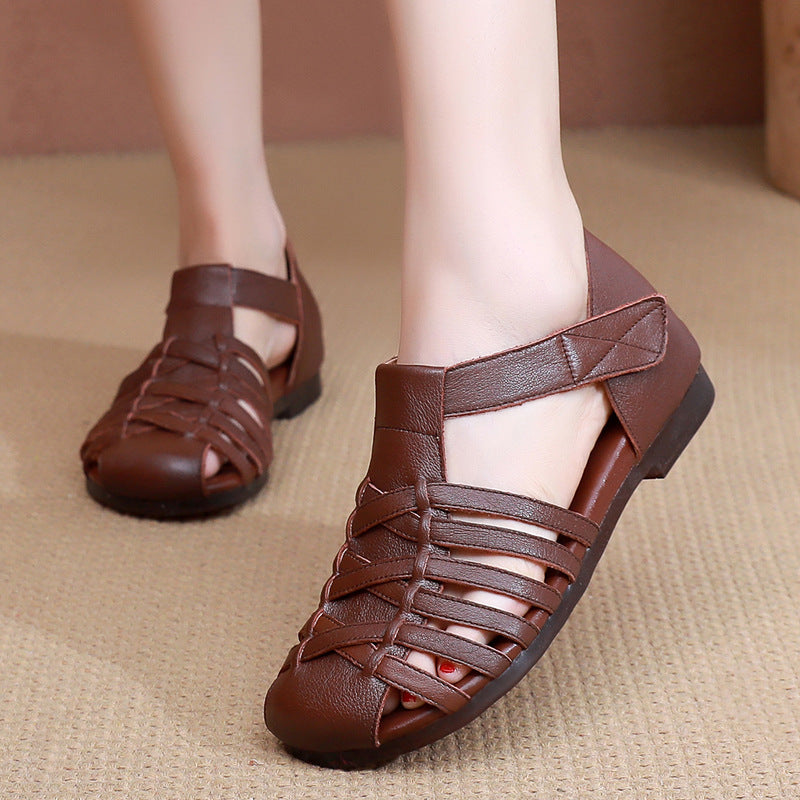 Women's Leather Fisherman Sandals Velcro Woven Summer Hollow-Out Casual Walking Flats
