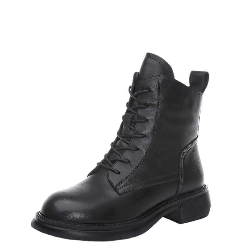 Women's Top-Grain Leather Ankle Boots Lace Up Side Zipper Flat Combat Booties