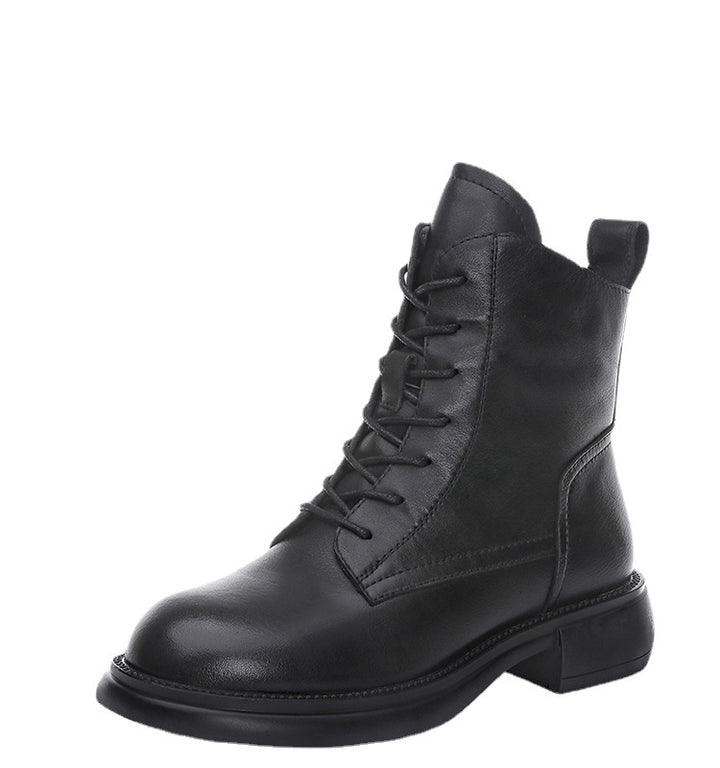 Women's Top-Grain Leather Ankle Boots Lace Up Side Zipper Flat Combat Booties