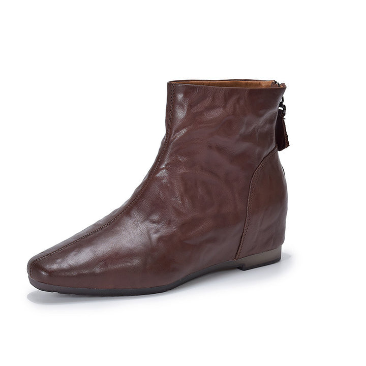 Women's Pointed Toe Top-Grain Leather Wedge Ankle Boots Mid Heel Back Zipper Booties