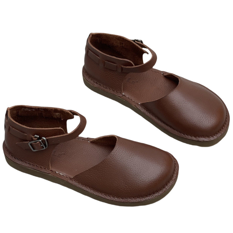 Women's Soft Leather Mary Janes - Round Toe Adjustable Ankle Buckle Strap Flat Sandals Casual Walking Shoes