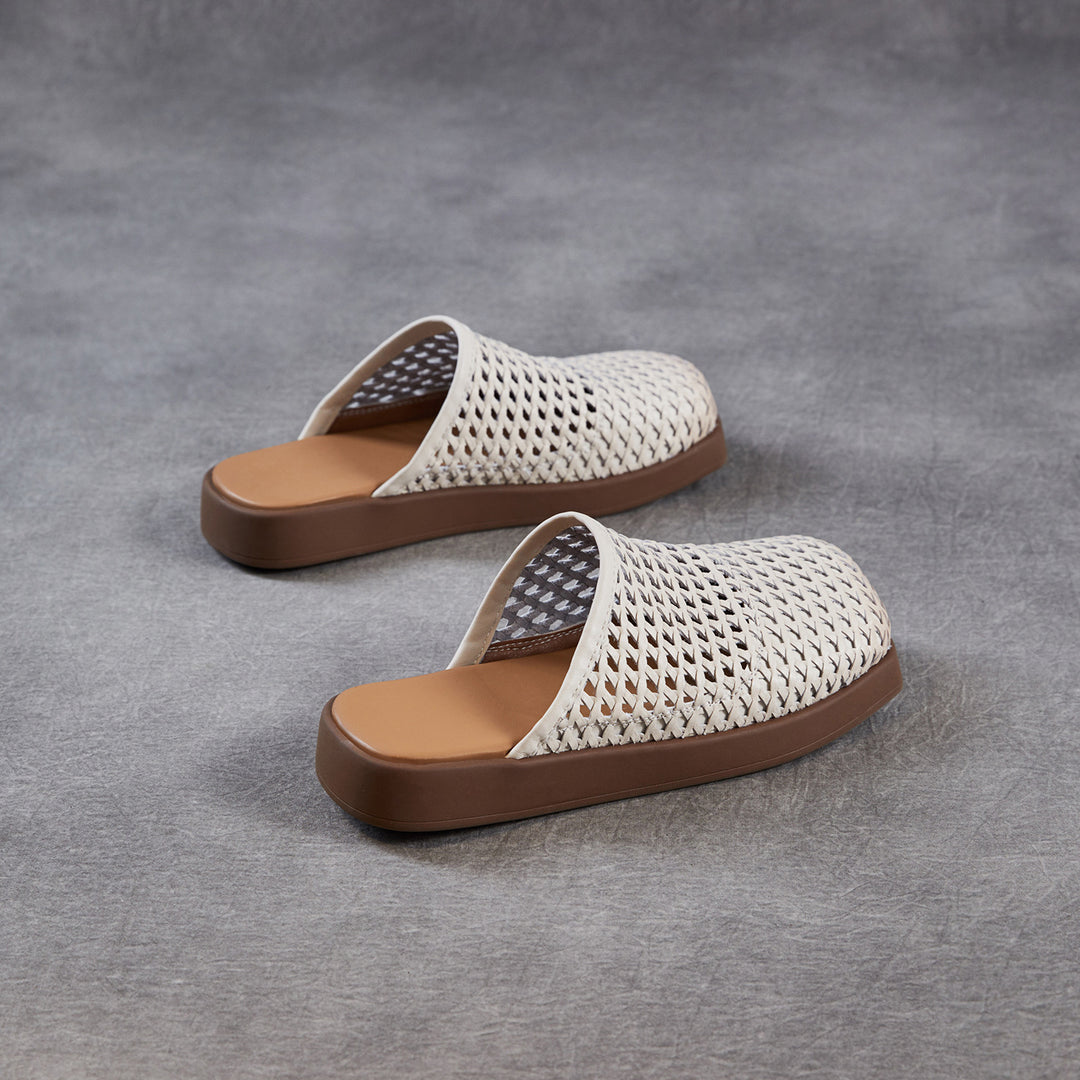 Women's Square Toe Woven Mules Genuine Leather Platform Slippers Barefoot-Friendly