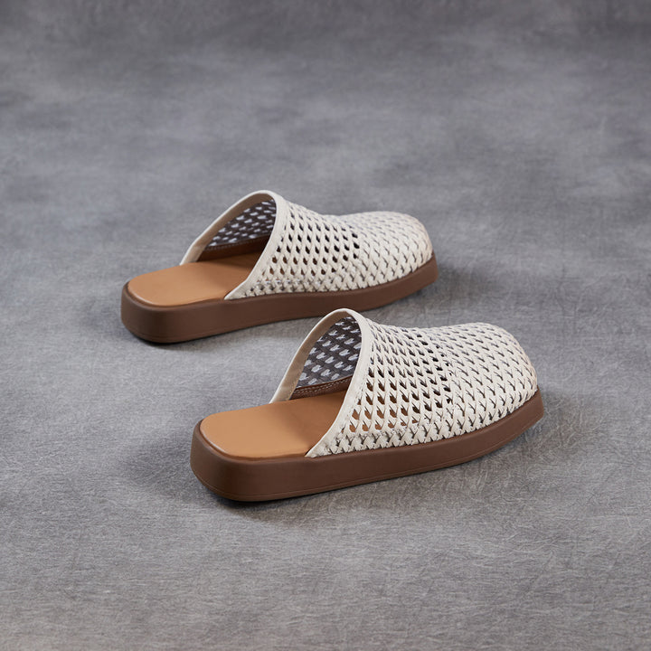 Women's Square Toe Woven Mules Genuine Leather Platform Slippers Barefoot-Friendly
