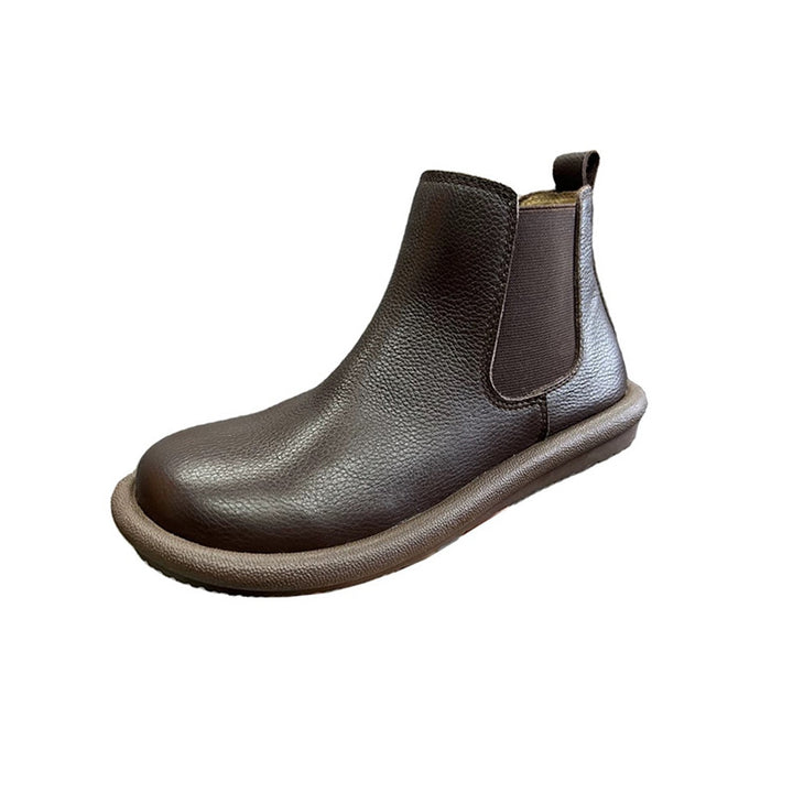 Women's Retro Leather Chelsea Boots Vintage Round Toe Slip-on Ankle Booties