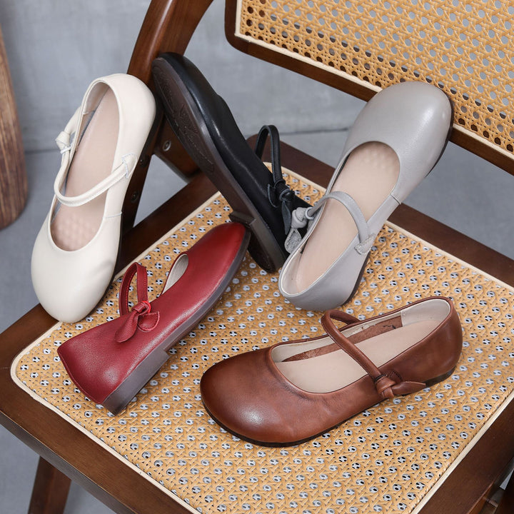 Women's Leather Mary Jane Flats - Vintage Round Toe Slip-On Ballet Flats with Bow Knot Strap Comfort Walking Shoes