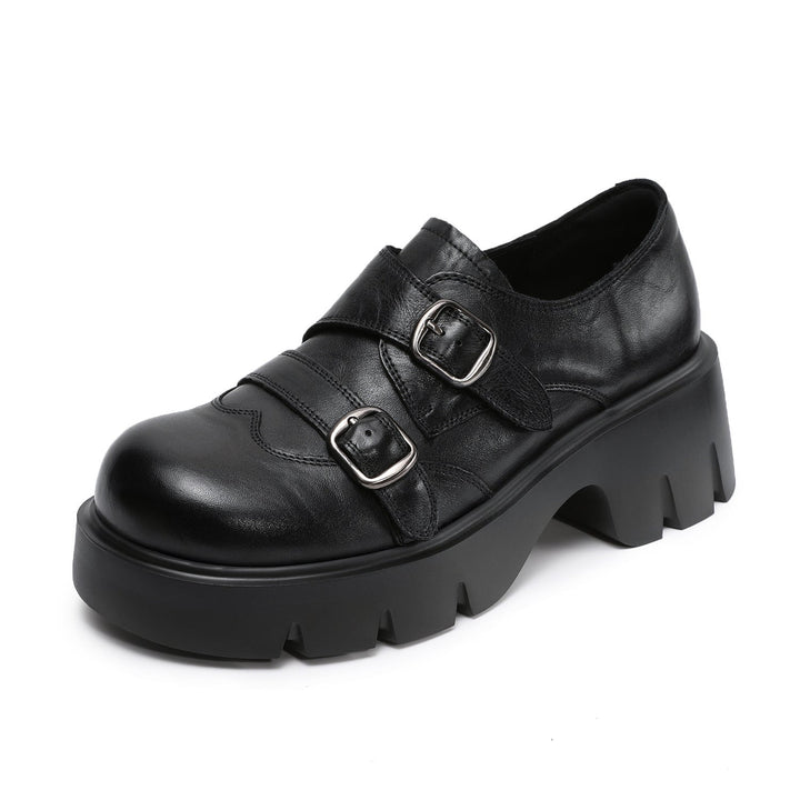 Women’s Retro Round Toe Derby Shoes – British Style Platform Loafers with Buckle