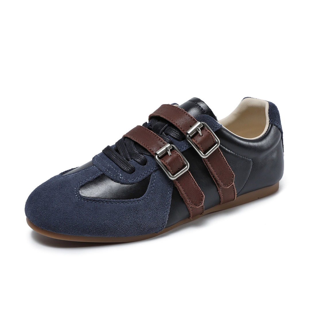 Women's Genuine Leather Double Buckle Strap Sneakers Retro Slip-on Flat Shoes