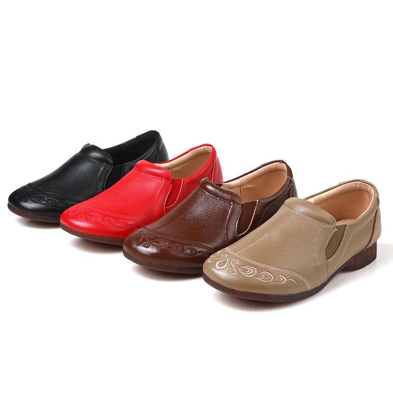 Women's Cowhide Vintage Embroidered Flat Loafers Slip On Walking Shoes