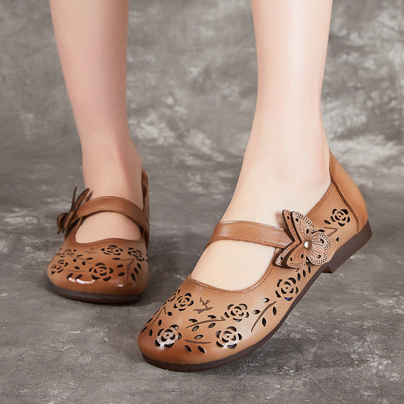 Women's Sandals Hollow Out Literary Style Butterfly Buckle With Flats