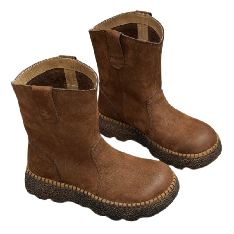 Women's Genuine Leather Mid-Calf Boots Vintage Round Toe Slip-on Winter Shoes