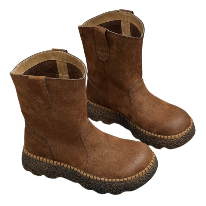 Women's Genuine Leather Mid-Calf Boots Vintage Round Toe Slip-on Winter Shoes