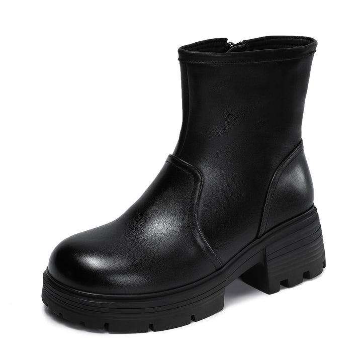Women's Top-Grain Leather Ankle Boots Chunky Platform Block Heel Side Zipper Booties