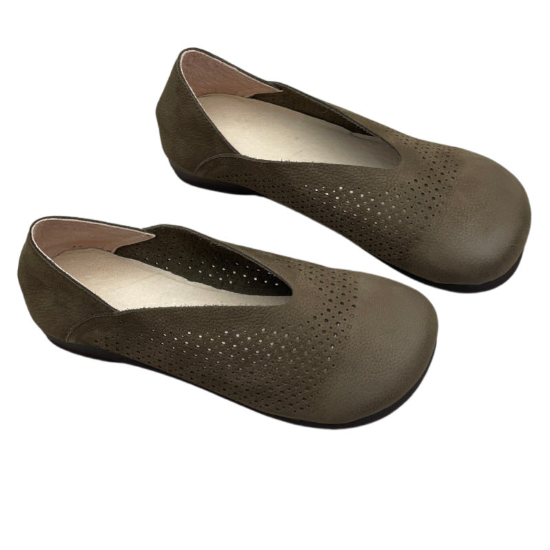 Women's Leather Perforated Loafers Retro V-Neck Slip-On Flats Ballet Flats Vintage Casual Summer Shoes