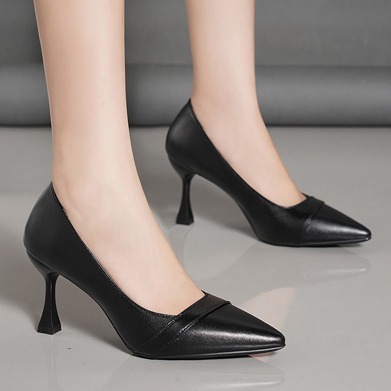 Women's Leather Business Work Black Heeled Pump