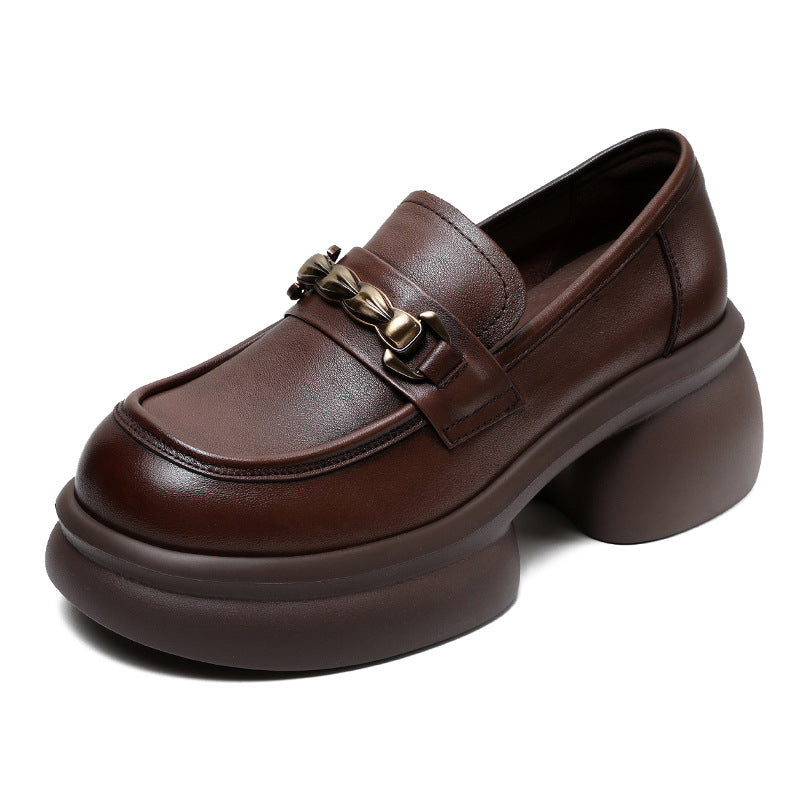 Women’s Leather Platform Block Heel Loafers – British Vintage Chain Detail