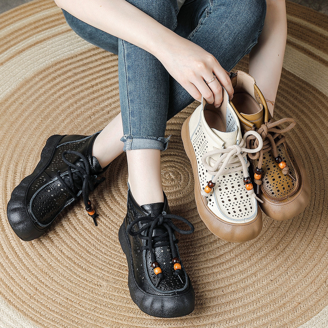 Women's Leather Ankle Sandals Boots Retro Lace-Up Vintage Hollow-Out Casual Summer Flats