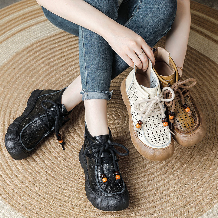 Women's Leather Ankle Sandals Boots Retro Lace-Up Vintage Hollow-Out Casual Summer Flats
