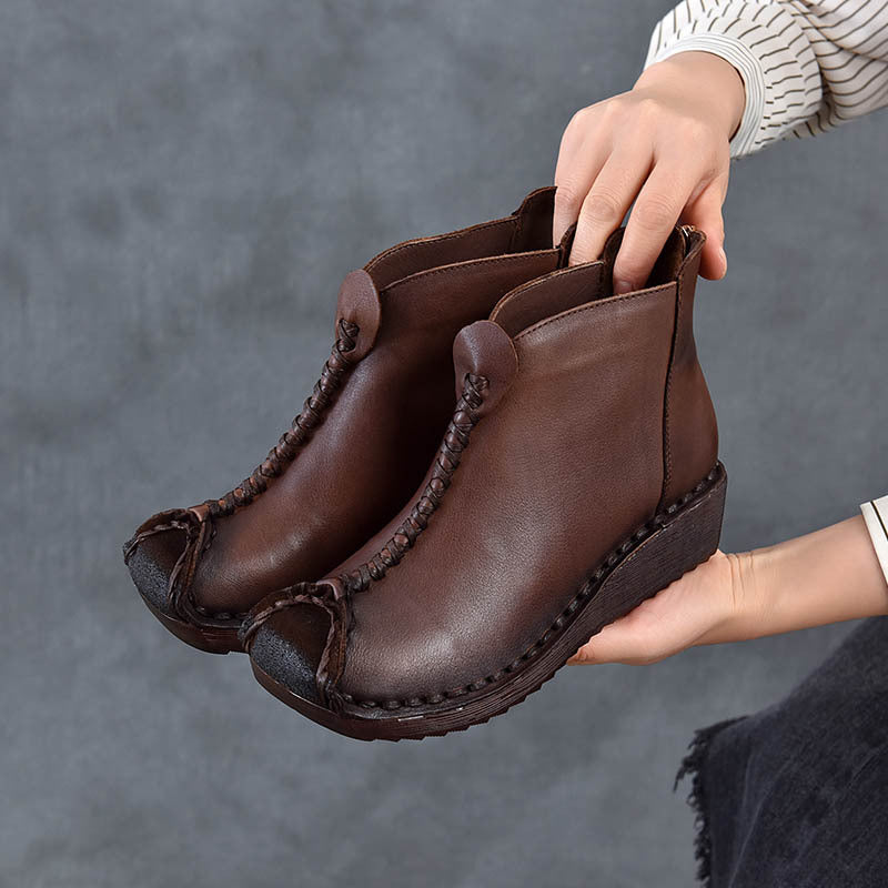 Women's Leather Ankle Boots - Vintage Wedge Low Heel Booties, Zipper Round Toe Stitching Fall Winter Shoes