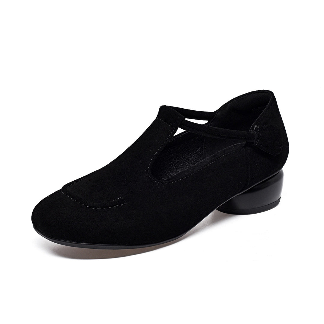 Women's Leather T-Strap Shoes with Block Heel Square Toe — Velcro Fastening, Casual Style