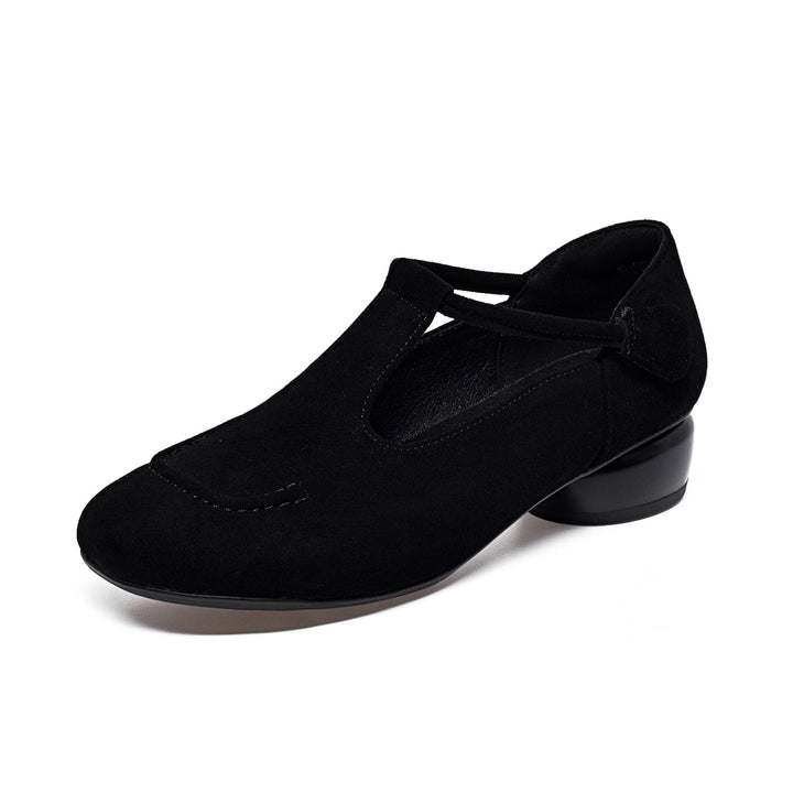 Women's Leather T-Strap Shoes with Block Heel Square Toe — Velcro Fastening, Casual Style