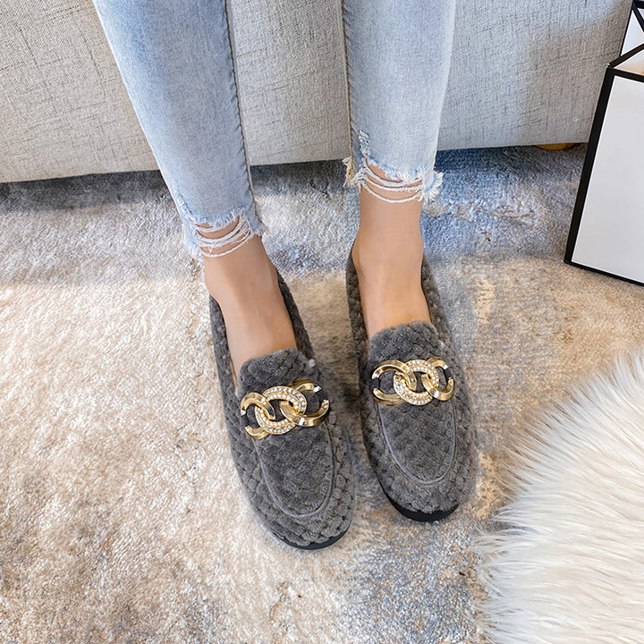 Women Faux-Fur Loafers Metal Chain Winter Warm & Comfortable Plush Shoes
