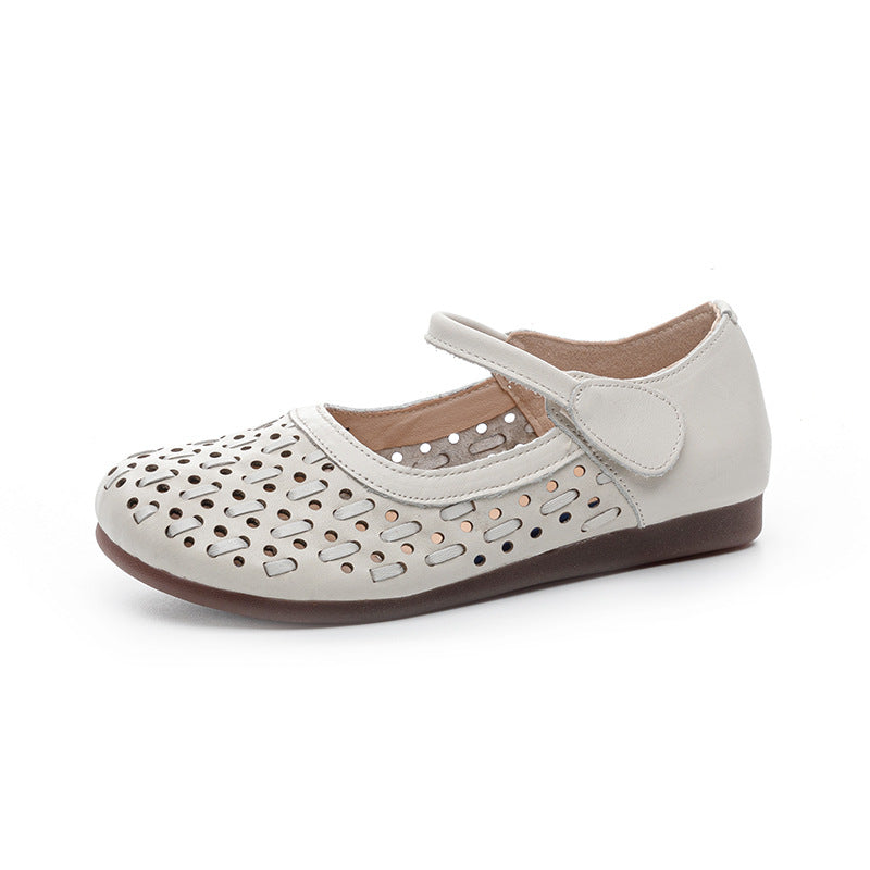 Women's Soft Leather Mary Jane Flats - Hollow Out Geometric Perforated Sandals Closed Toe Comfort Walking Shoes