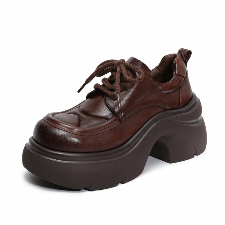 Women's Platform Genuine Leather Oxfords High Chunky Heel Lace Up Casual Shoes