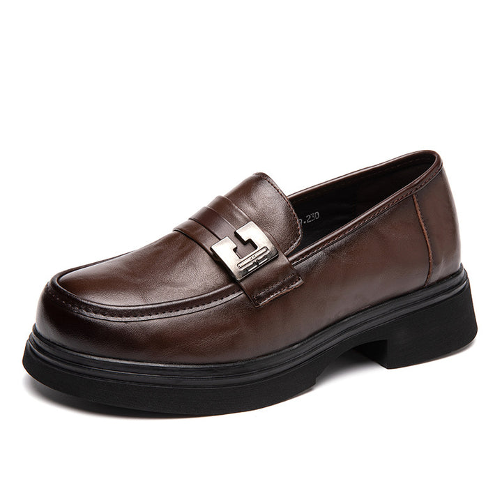 Women's Leather Platform Loafers with Chunky Heels and Metal Buckles — Comfortable