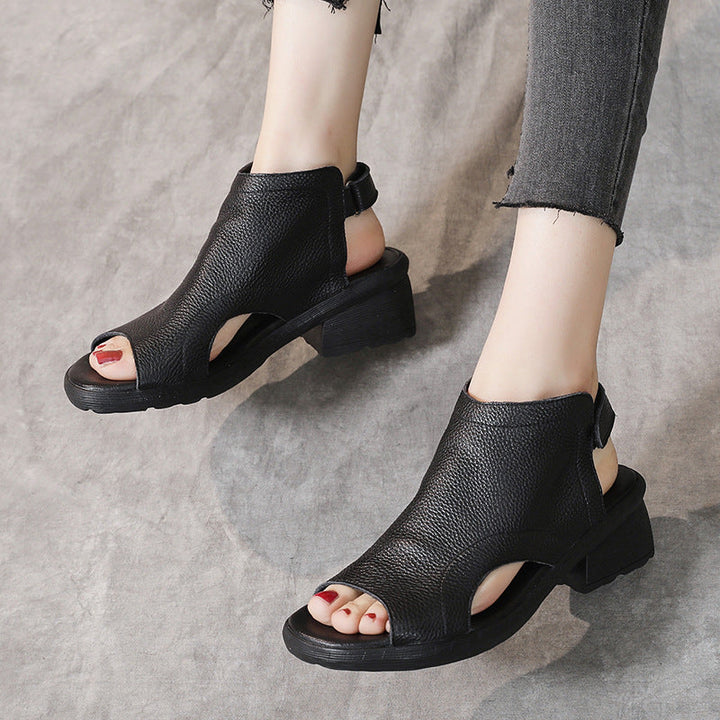 Women's Leather Block Heel Hollow Out Open Toe Sandals