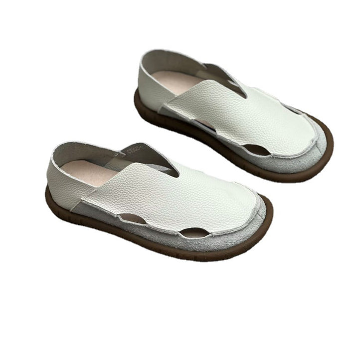 Women's Soft Pebble Grain Leather Loafers - Cut-Out Closed Round Toe Slip-On Flat Sandals Comfort Walking Shoes