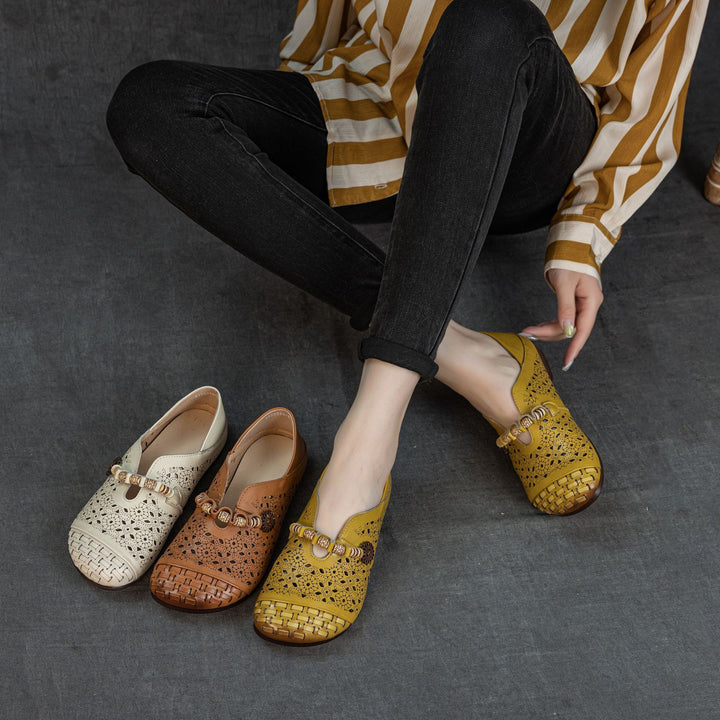 Women's Retro Cutout Leather Loafers Vintage Hollow-out Slip-on Flats