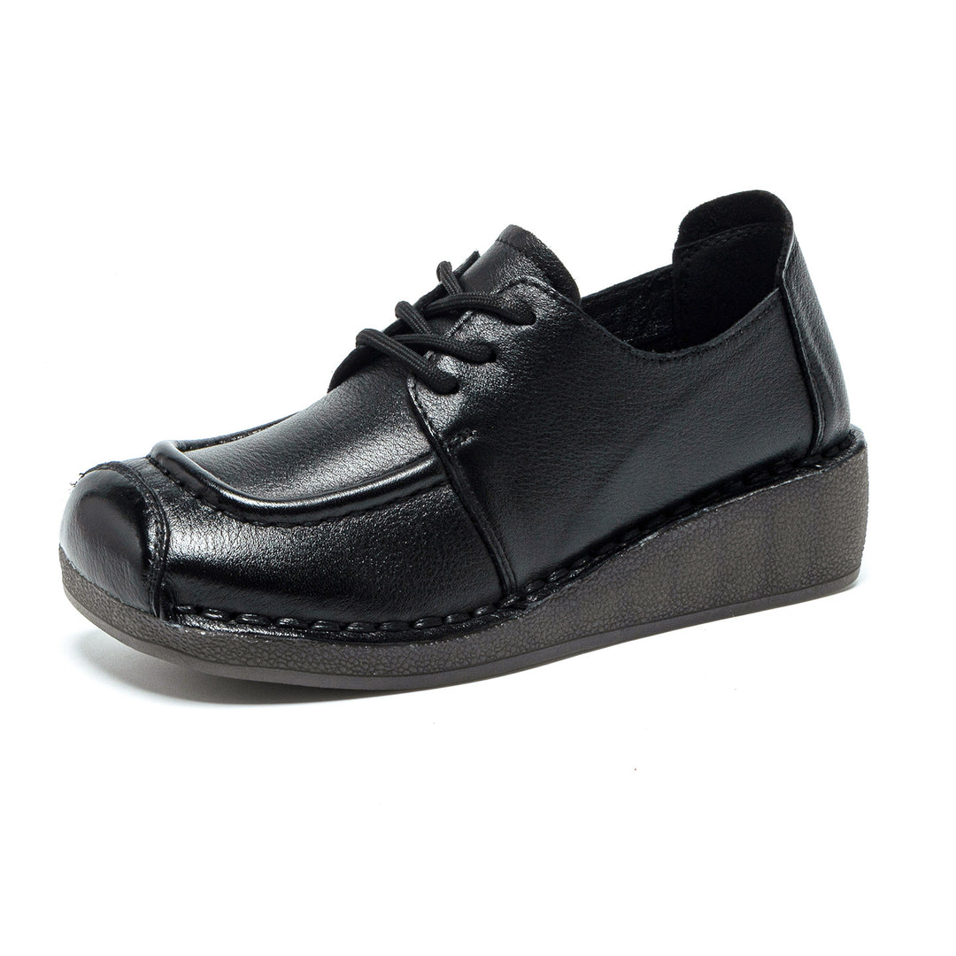 Women's Leather Square Toe Oxford Shoes Wedge Platform Lace Up Casual Loafers