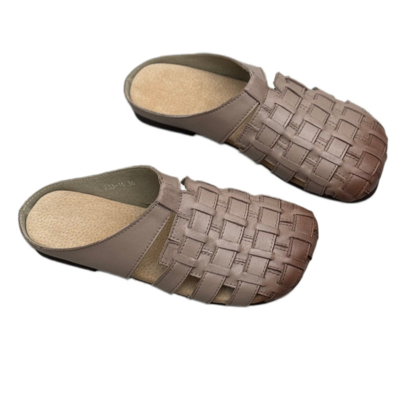 Women's Artisanal Square Toe Leather Woven Mules - Lightweight Unlined Flats