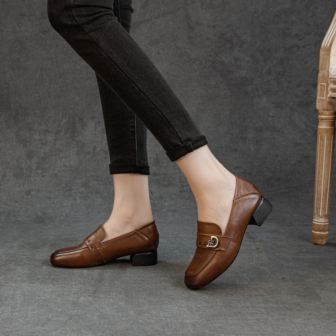 Women's Cowhide Leather Square Toe Pumps Vintage Mid Heel Loafers Microfiber Lining