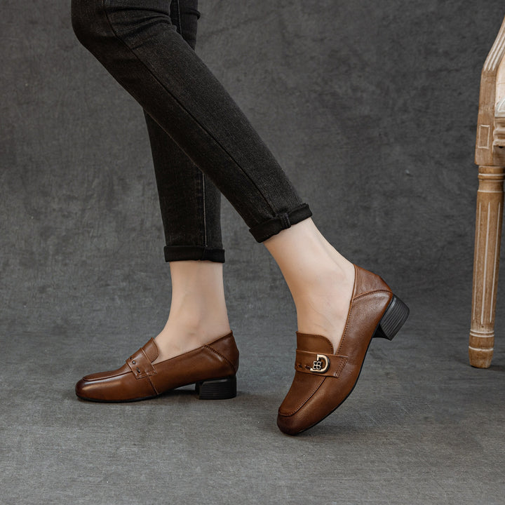 Women's Cowhide Leather Square Toe Pumps Vintage Mid Heel Loafers Microfiber Lining