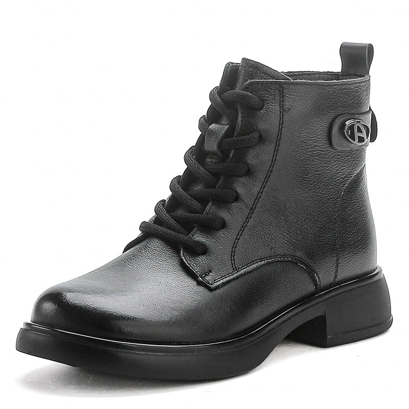 Women’s British Style Leather Lace-Up Ankle Boots – Retro Block Heel Boots