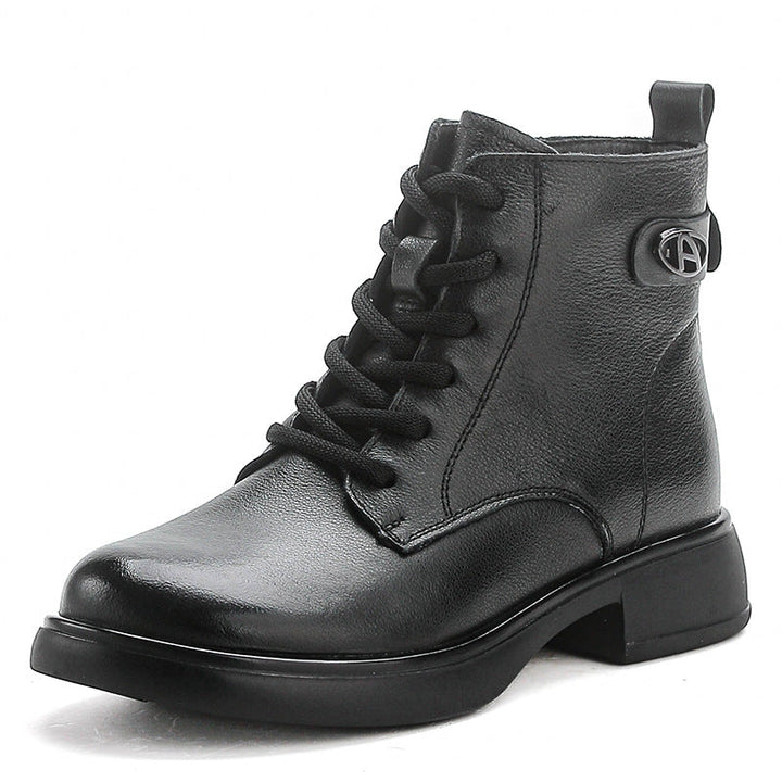 Women’s British Style Leather Lace-Up Ankle Boots – Retro Block Heel Boots