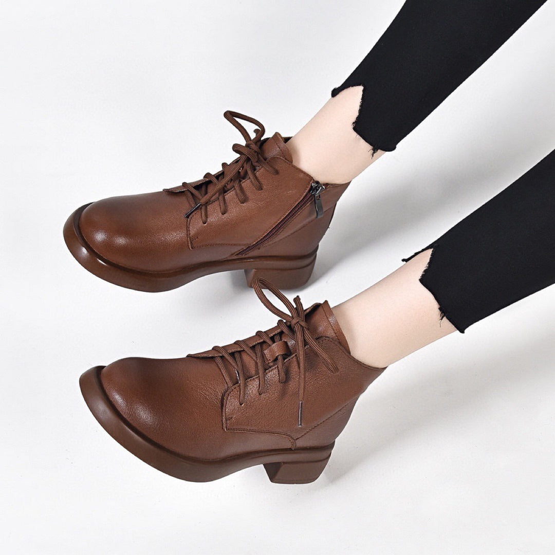 Women's Genuine Leather Ankle Boots - Lace-Up & Side Zipper with Block Heel