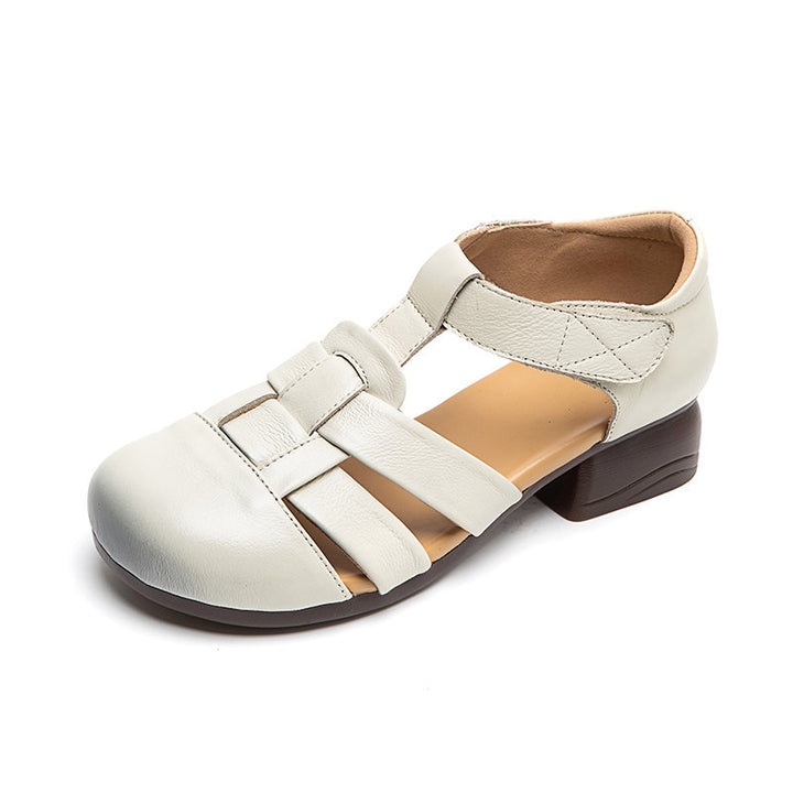 Women's Leather Fisherman Sandals - Retro Hollow Out Summer Mary Janes, Velcro Round Toe Block Heel Shoes