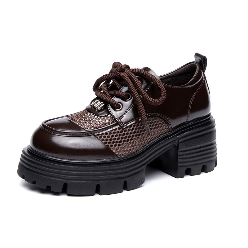 Women's Leather Platform Oxfords - Gothic Lug Sole 7cm Block Chunky High Heel  Lace-Up Shoes