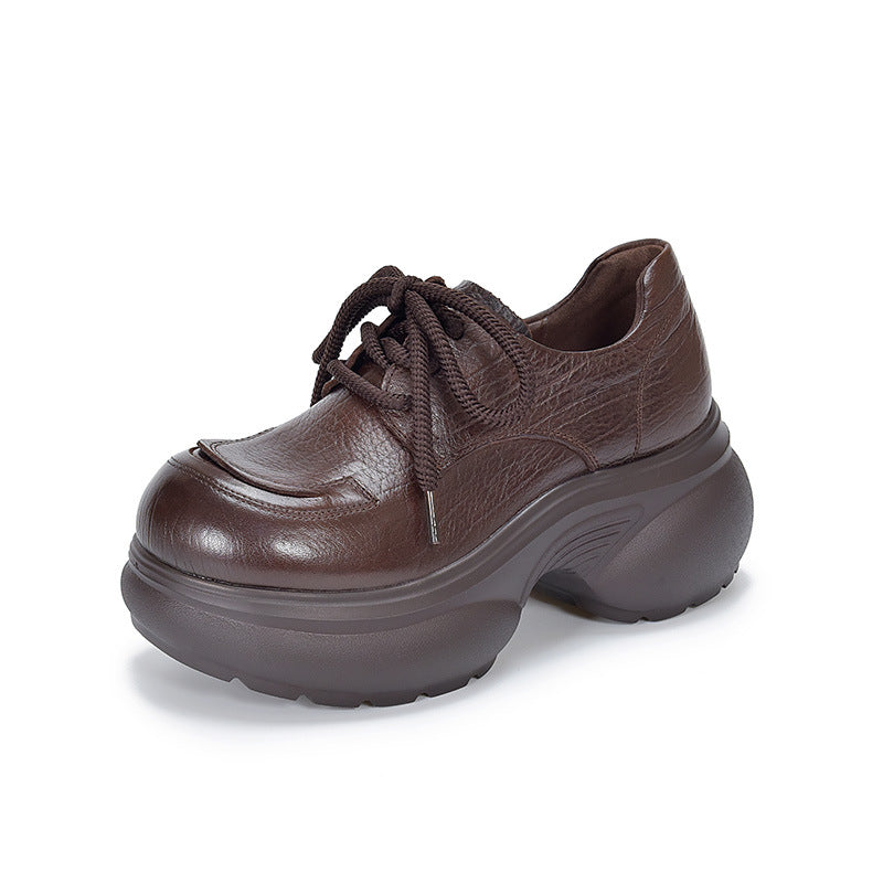 Women's Chunky Platform Oxford Shoes Top-Grain Leather Lace Up Wedge Loafers