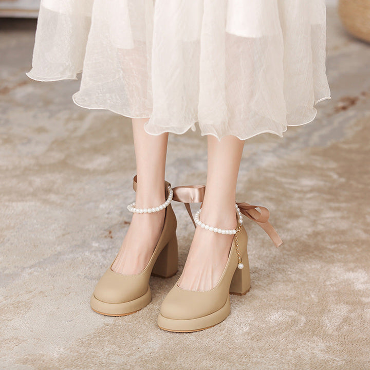 Women's Platform Pump - Block High Heel with Bow & Pearl Details