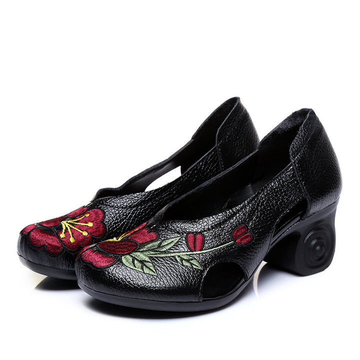 Handmade Embroidery Women High Heel Shoes Hollow out Leather Shoes
