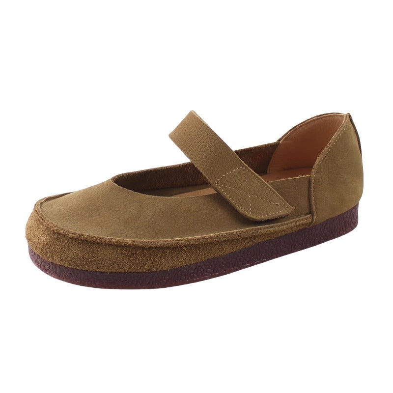 Women's Handmade Leather Patchwork V-Cut Velcro Flats